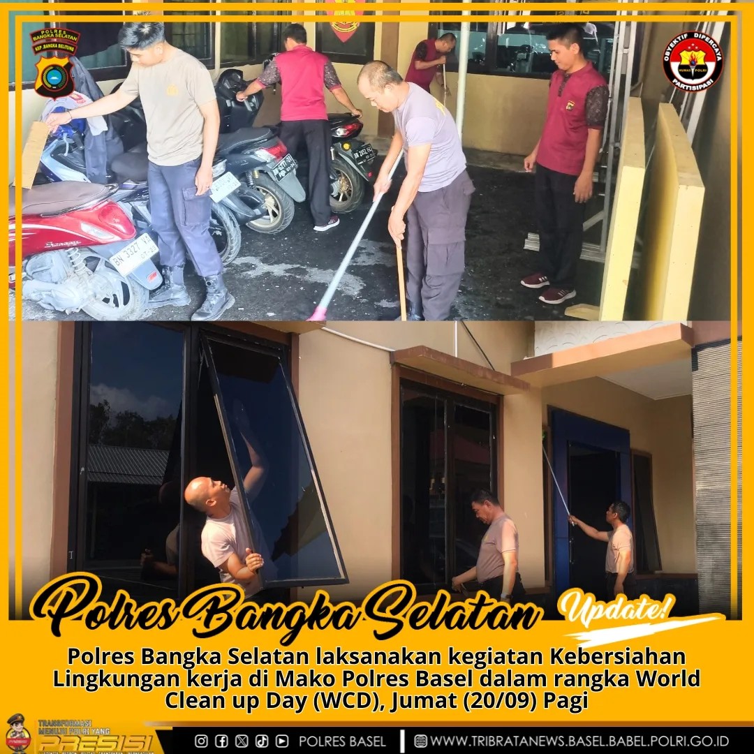 Polres Bangka Selatan laksanakan kegiatan Kebersiahan Lingkungan kerja di Mako Polres Basel dalam rangka World Clean up Day (WCD), Jumat (20/09) Pagi